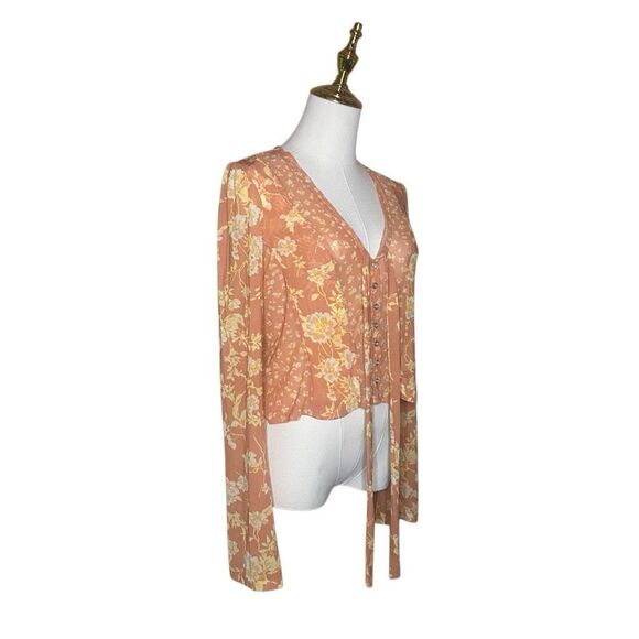Free People Orange Long Sleeve Sheer Button Up Top Size XS Floral V-neck - Picture 4 of 12